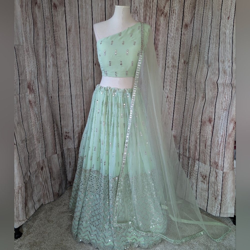 3 Piece Mint Lehenga Choli for Indian Wedding